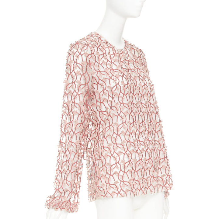 GIAMBATTISTA VALLI pink white petal embroidered treillage sheer top IT40 S