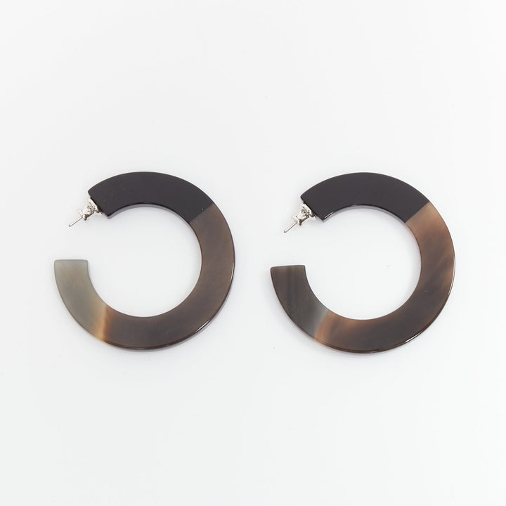 HERMES brown black buffalo horn palladium hoop pin earrings Pair