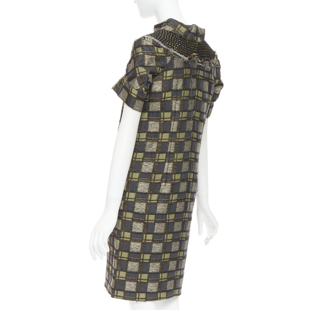 MARNI bronze grey embellished collar checked brocade dress IT36 XXS
