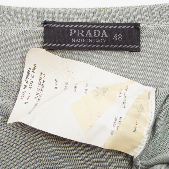PRADA sage green grey panelled fine knit silk crewneck pullover sweater IT48 M
