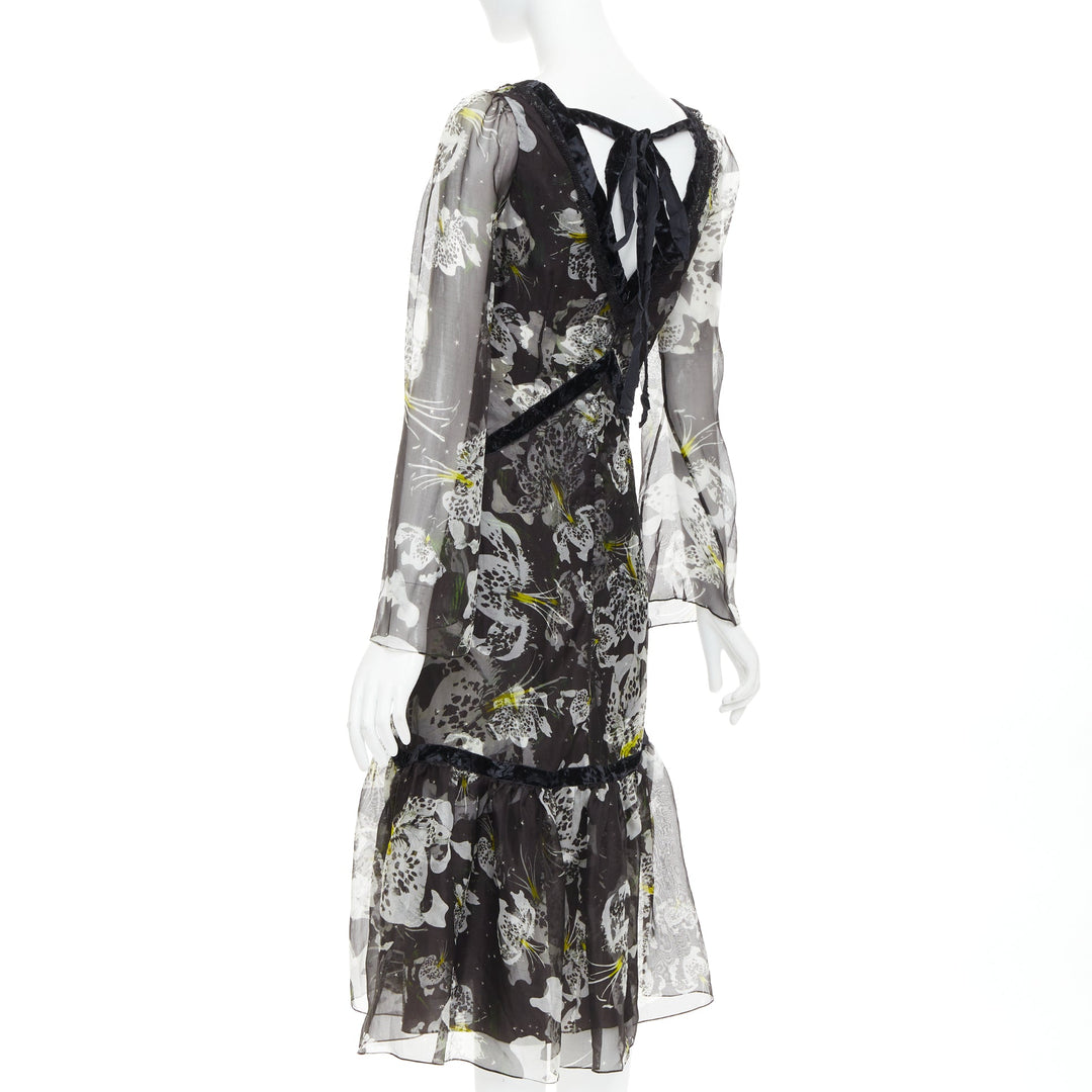 ERDEM 2016 Makayla black grey 100% silk floral back cut out  dress UK6 XS
