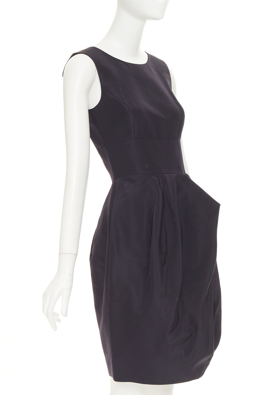 OSCAR DE LA RENTA R015 pleated side tulip skirt navy silk faille dress US0 XXS