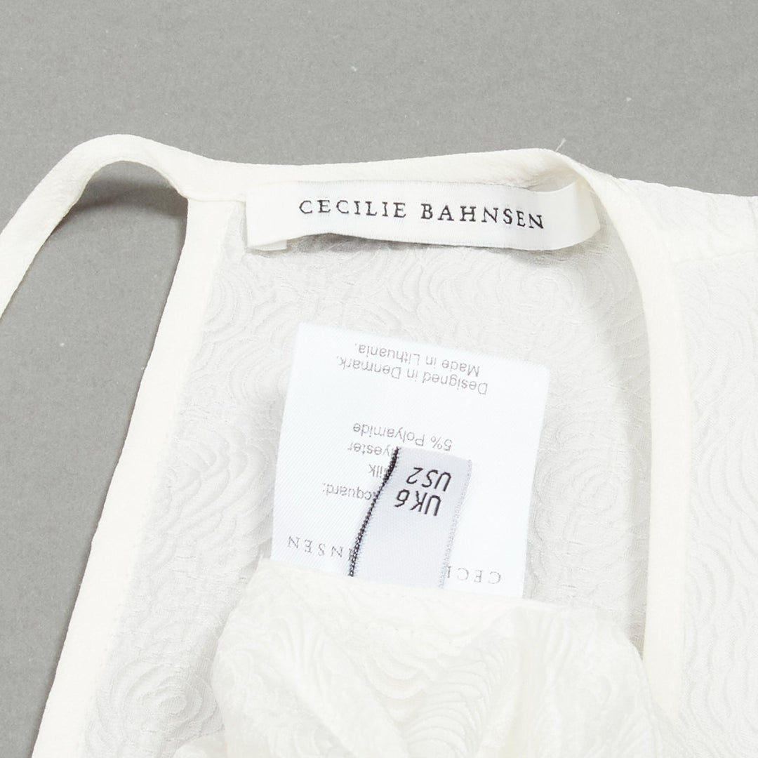 CECILIE BAHNSEN white silk blend jacquard sleeveless babydoll midi dress UK6 XS