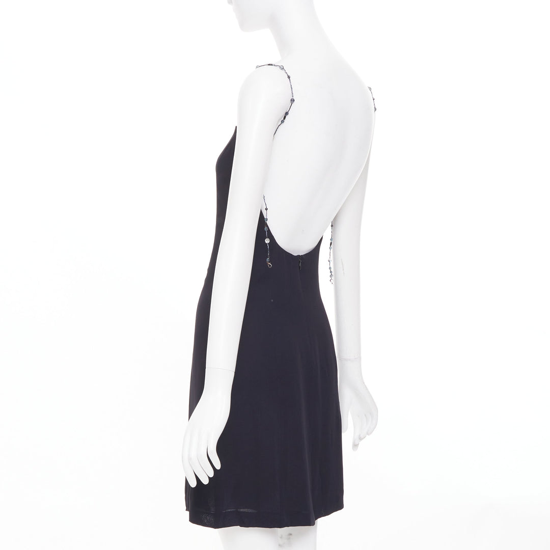 EMPORIO ARMANI Vintage beaded strap black square neck slip mini dress IT38 XS