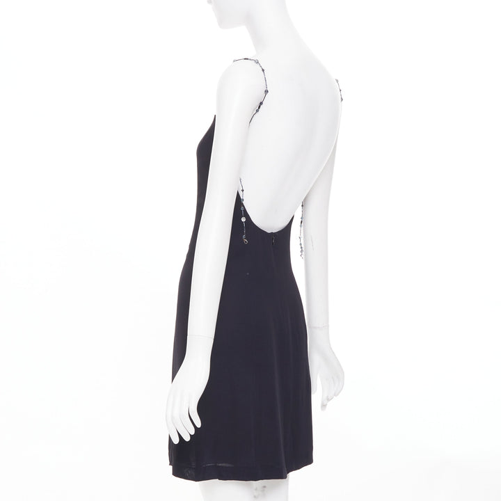 EMPORIO ARMANI Vintage beaded strap black square neck slip mini dress IT38 XS