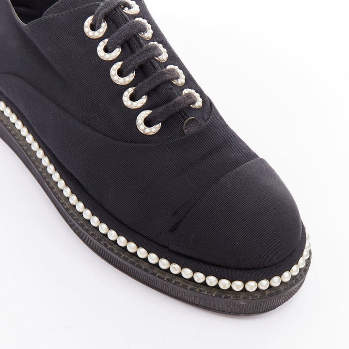 CHANEL black monochrome fabric faux pearl lace up derbies EU37.5