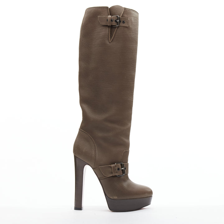 Female mannequin wearing Christian Louboutin Harletty 140 Brown Leather Women Boots in Size EU37 | Available at JHROP