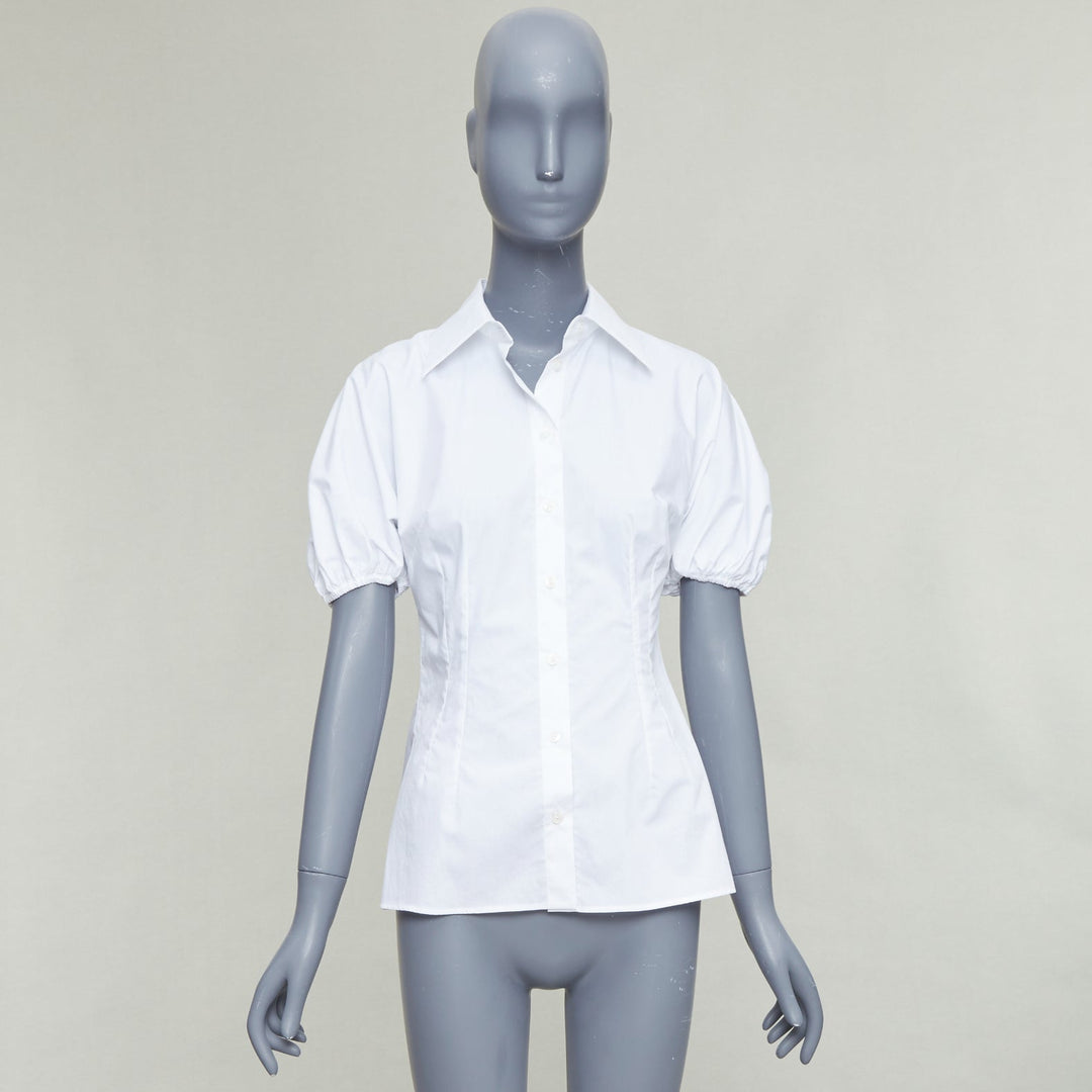 DOLCE GABBANA 2025 white cotton dolman puff sleeve cinched waist shirt IT38 XS
