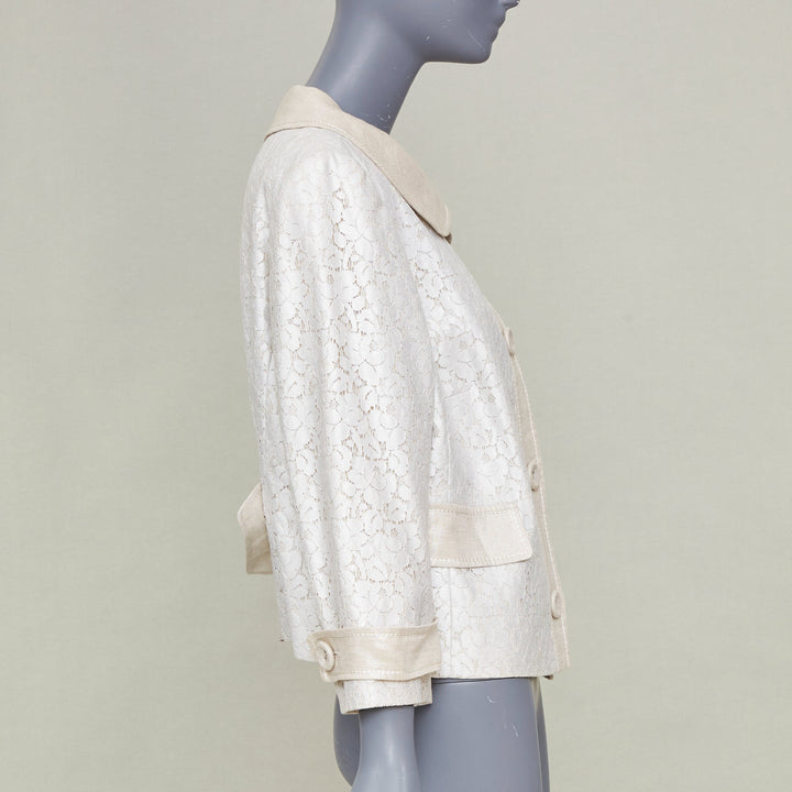 ESCADA 1990s vintage beige silver metallic lace peter pan collar jacket IT44 L
