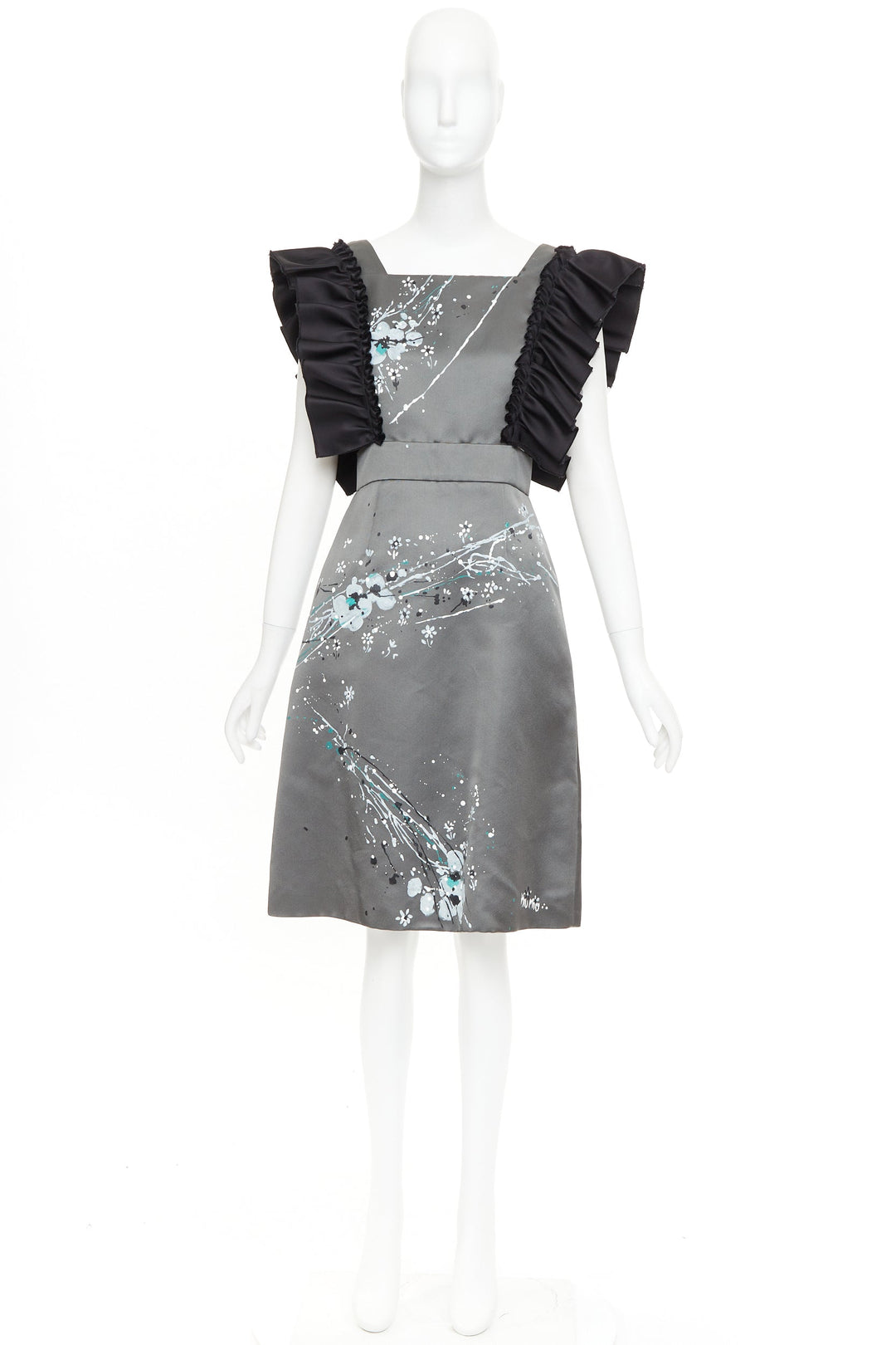 rare MIU MIU 2019 Runway grey black silk ruffle hand painted apron dress IT38 XS