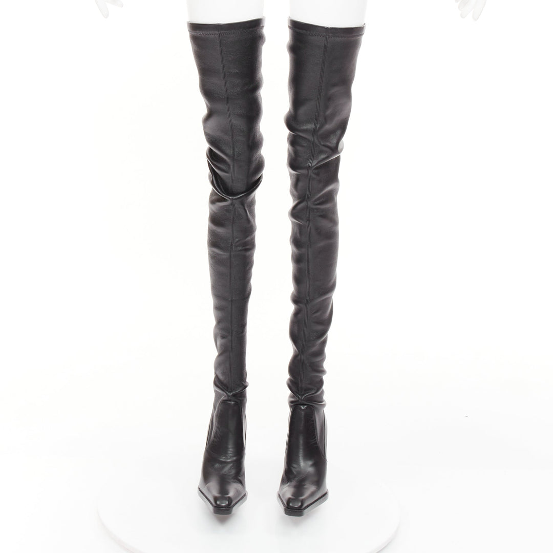 SAINT LAURENT 2020 Runway Niki black leather square toe over the knee boots EU39