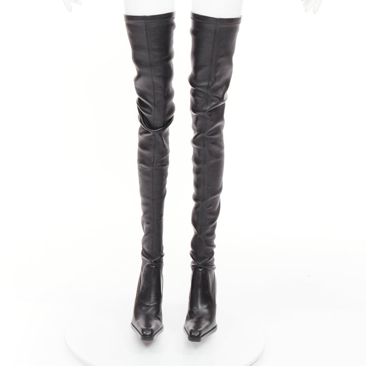 SAINT LAURENT 2020 Runway Niki black leather square toe over the knee boots EU39