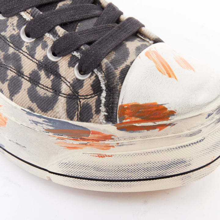 R13 Kurt beige grey leopard print orange paint effect platform high sneaker EU38