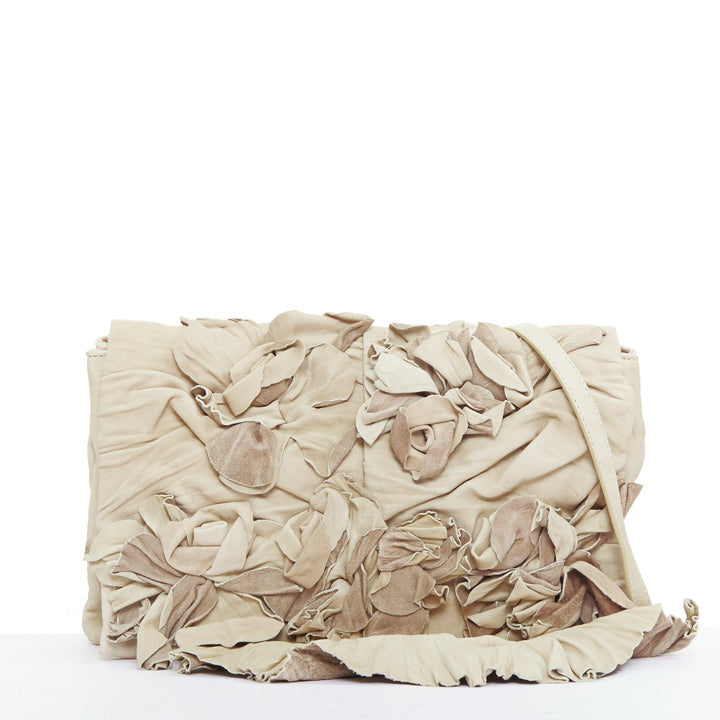 VALENTINO taupe leather crinkled petal rose applique flap crossbody bag