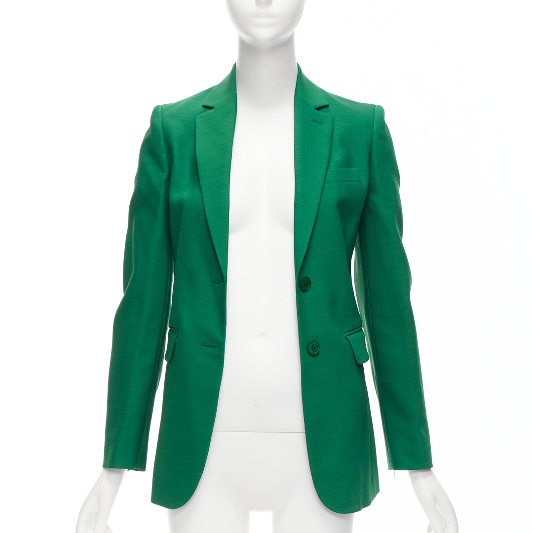 VALENTINO Kelly green wool silk fitted kong sleeve V neck blazer jacket IT36 XXS