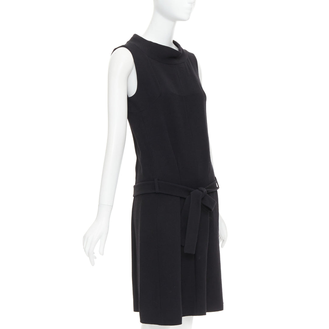 BALENCIAGA 2005 black wool blend drop waist panelled belted dress FR40 S