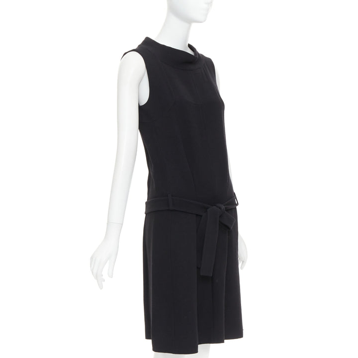 BALENCIAGA 2005 black wool blend drop waist panelled belted dress FR40 S