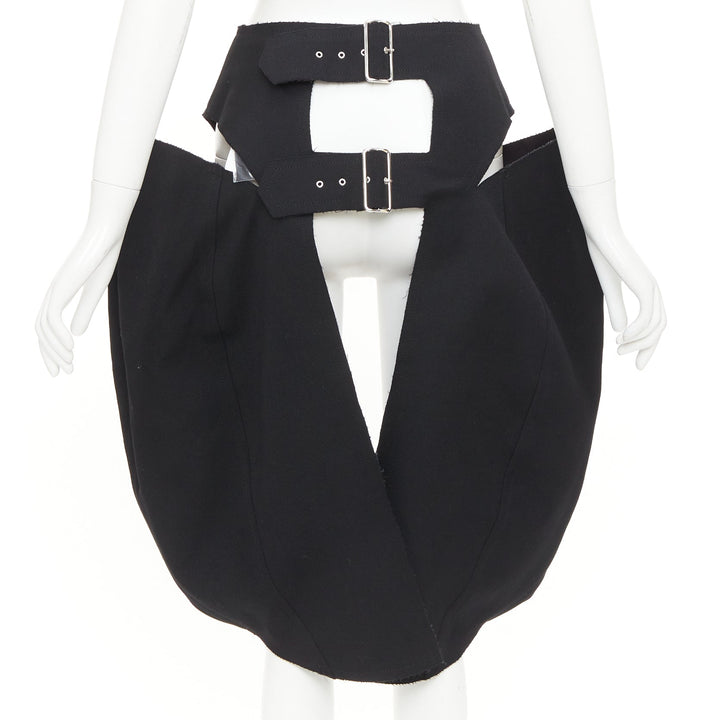 rare COMME DES GARCONS 2019 black wool multi buckle cut out pannier skirt XS