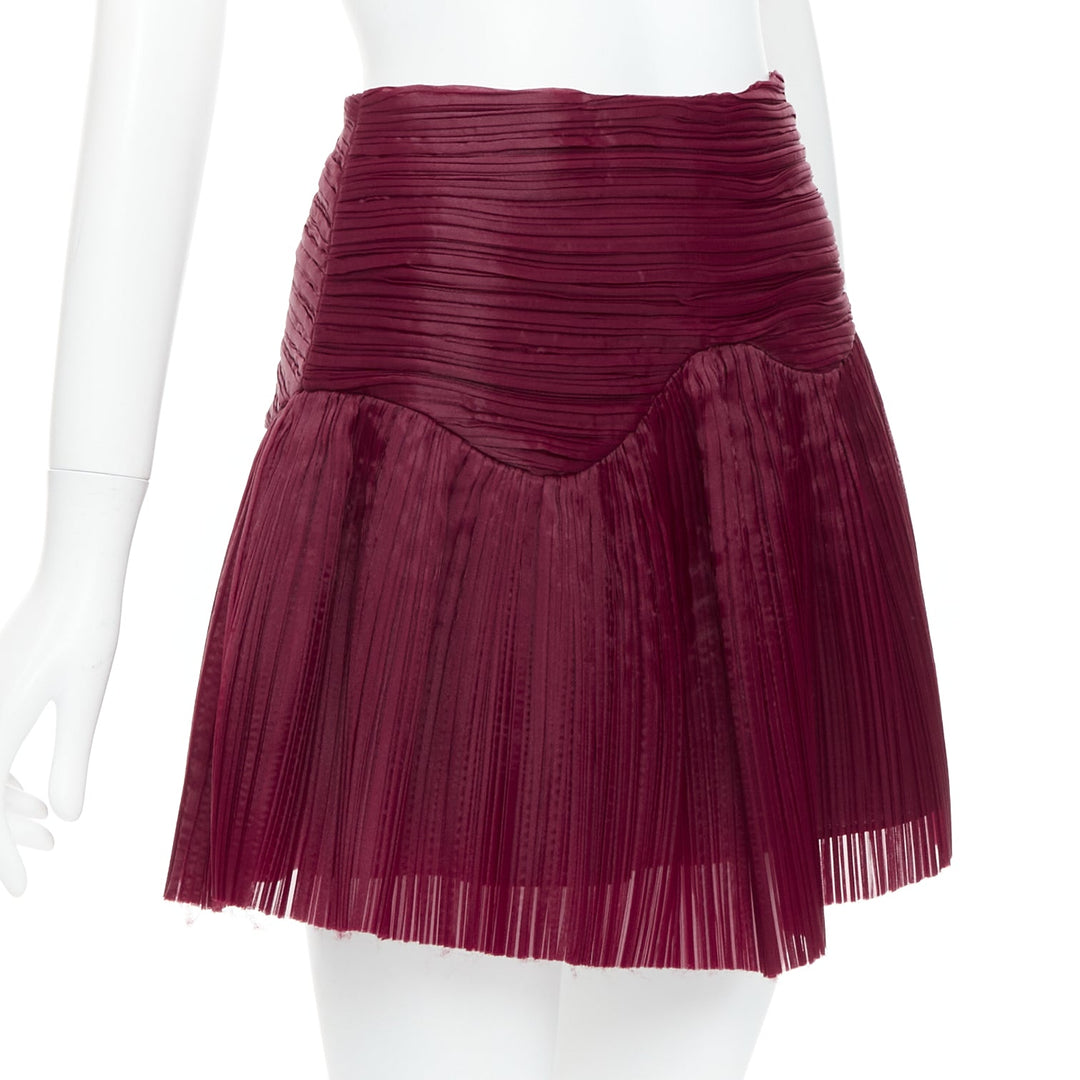 AJE Laurier Wave burgundy plisse organza high waist mini skirt UK6 XS