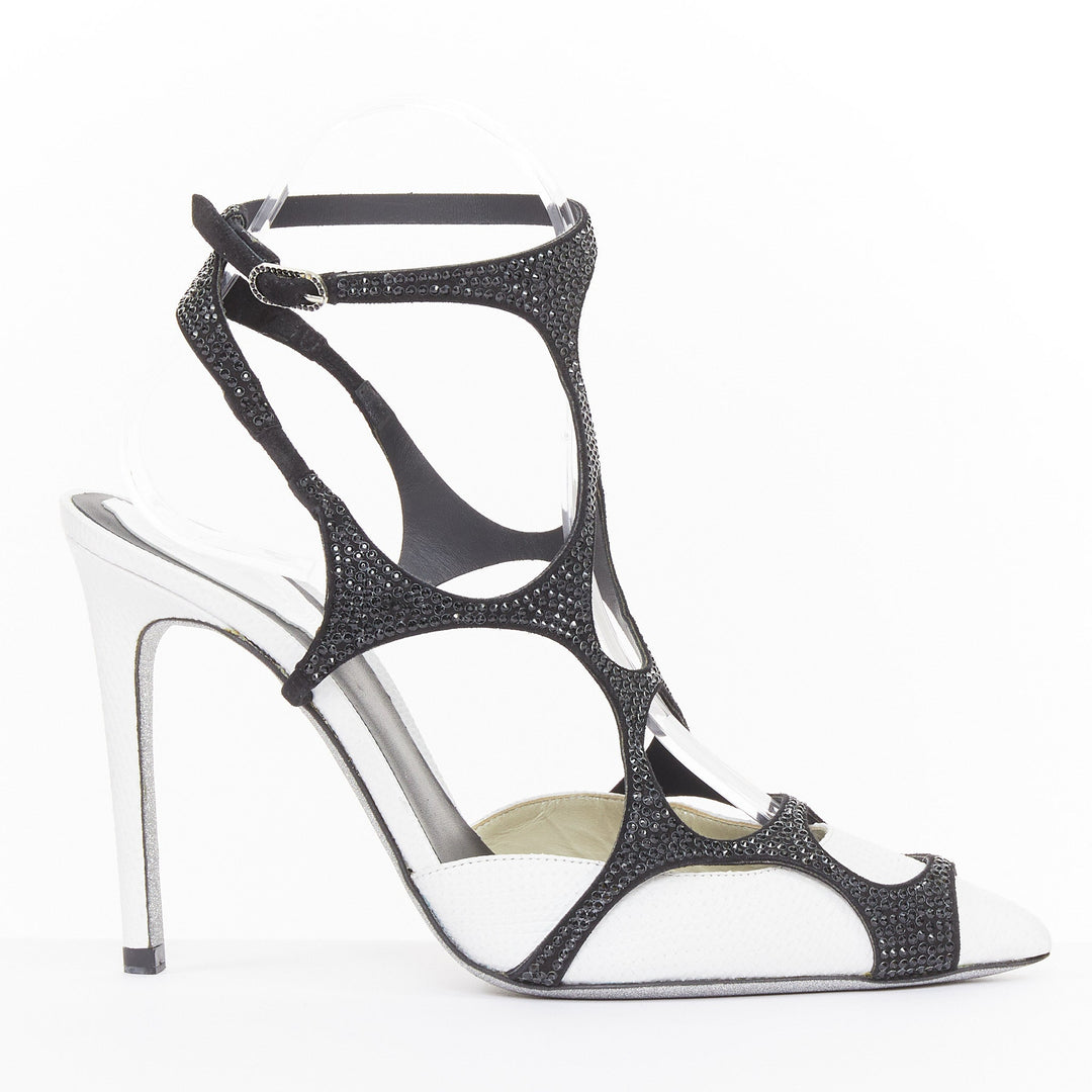 RENE CAOVILLA black white crystal cage ankle strap stiletto pumps EU37 US7
