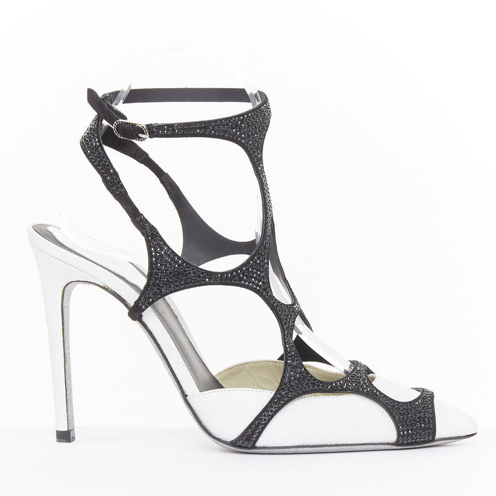 RENE CAOVILLA black white crystal cage ankle strap stiletto pumps EU37 US7