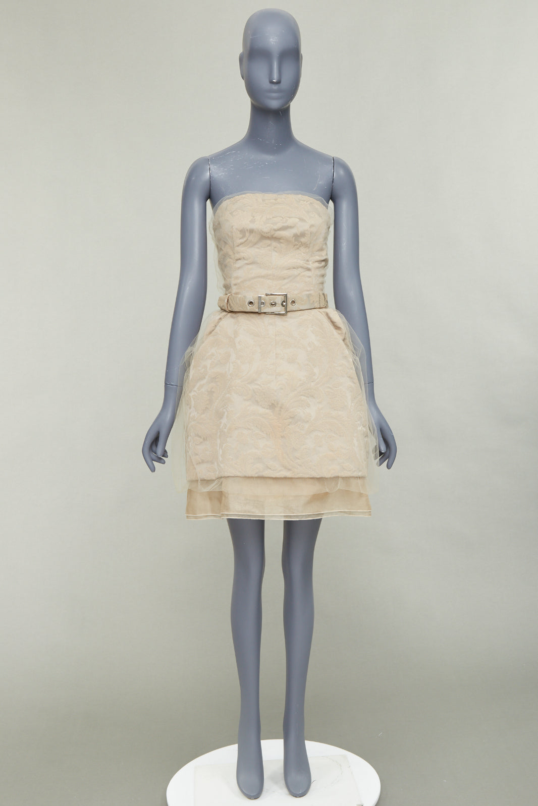 DOLCE GABBANA 2008 Runway beige barocco jacquard tulle strapless belted dress