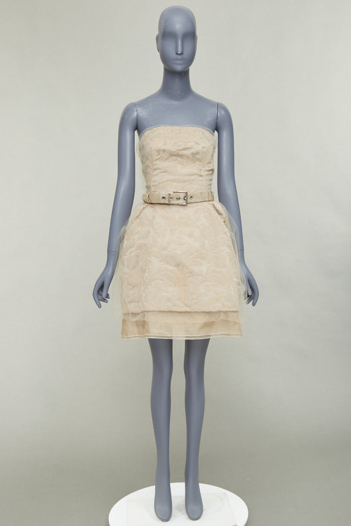 DOLCE GABBANA 2008 Runway beige barocco jacquard tulle strapless belted dress
