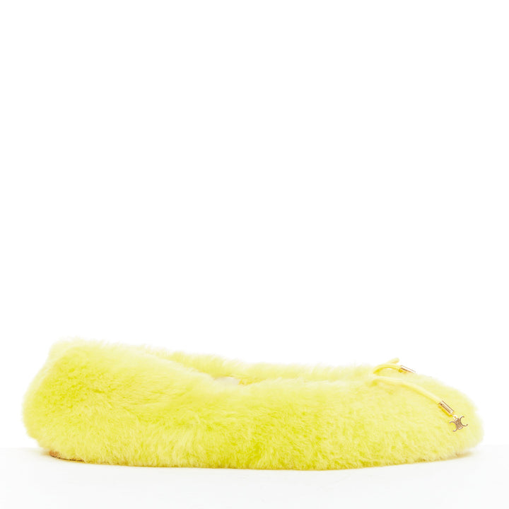 CELINE 2022 Les Ballerines yellow plush furry triomphe bow ballet flats EU37