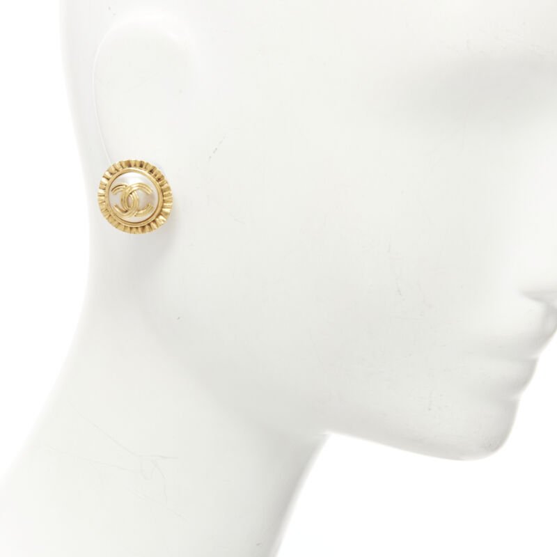CHANEL Vintage 94A gold tone faux pearl CC logo clip on earring pair