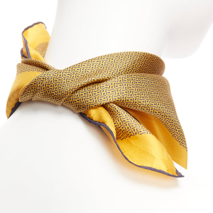 HERMES 100% silk golden yellow H logo geometric print navy trim square scarf