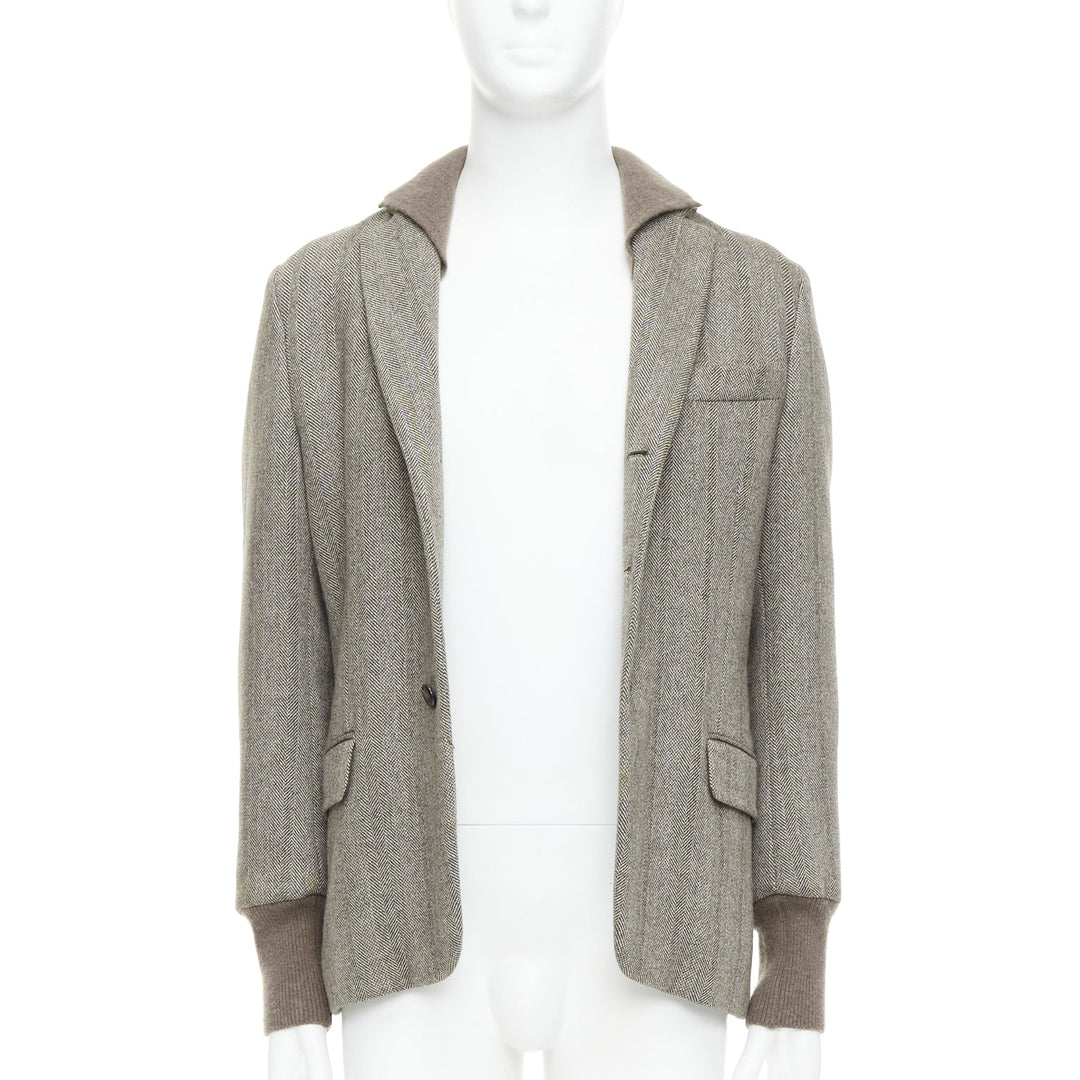 YVES SAINT LAURENT brown herringbone cashmere silk layered collar jacket FR48 M