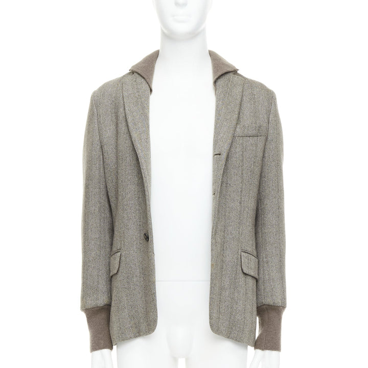 YVES SAINT LAURENT brown herringbone cashmere silk layered collar jacket FR48 M