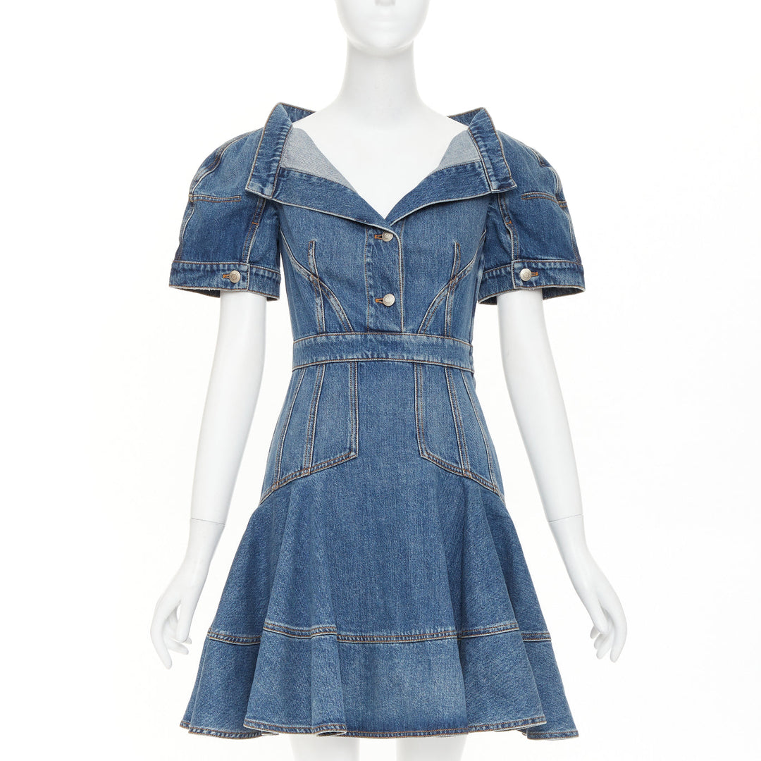 ALEXANDER MCQUEEN 2021 Runway blue denim open boat neck puff sleeve dress IT40 S