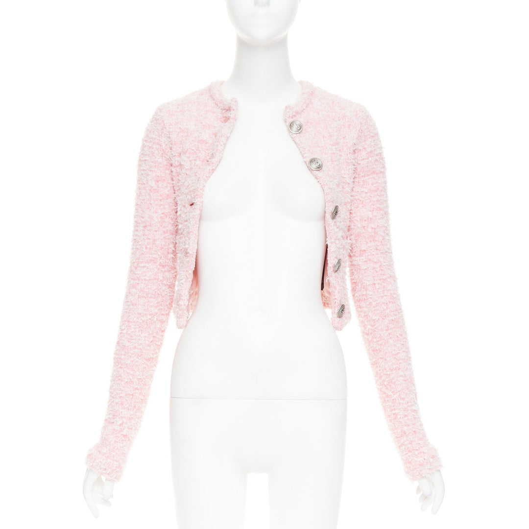 BALENCIAGA Demna 2024 pink cotton blend tweed BB logo cropped jacket XS