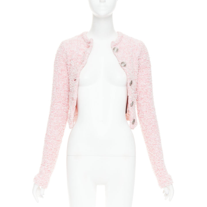 BALENCIAGA Demna 2024 pink cotton blend tweed BB logo cropped jacket XS