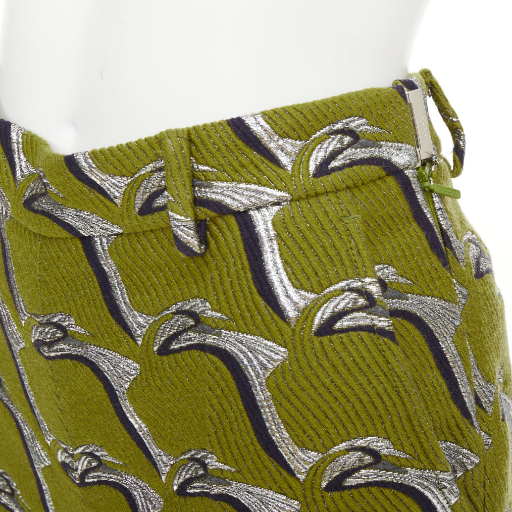 GUCCI 2024 Runway green grey Heron bird jacquard highwaist formal shorts IT38 XS
