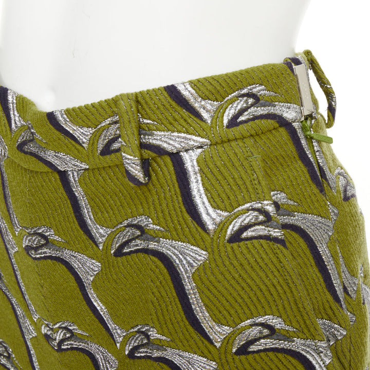 GUCCI 2024 Runway green grey Heron bird jacquard highwaist formal shorts IT38 XS
