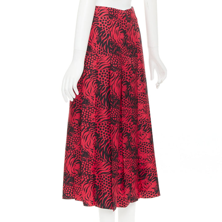 GUCCI 2018 Michele black red 100% silk tiger print pleated midi skirt IT38 XS