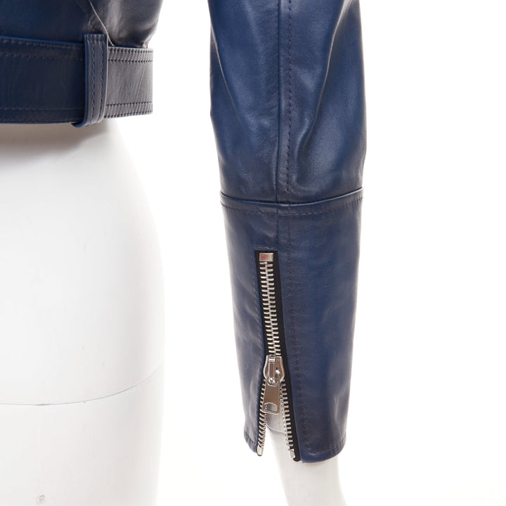 ALEXANDER MCQUEEN Asymmetric blue leather belted cropped biker outerwear IT40 S