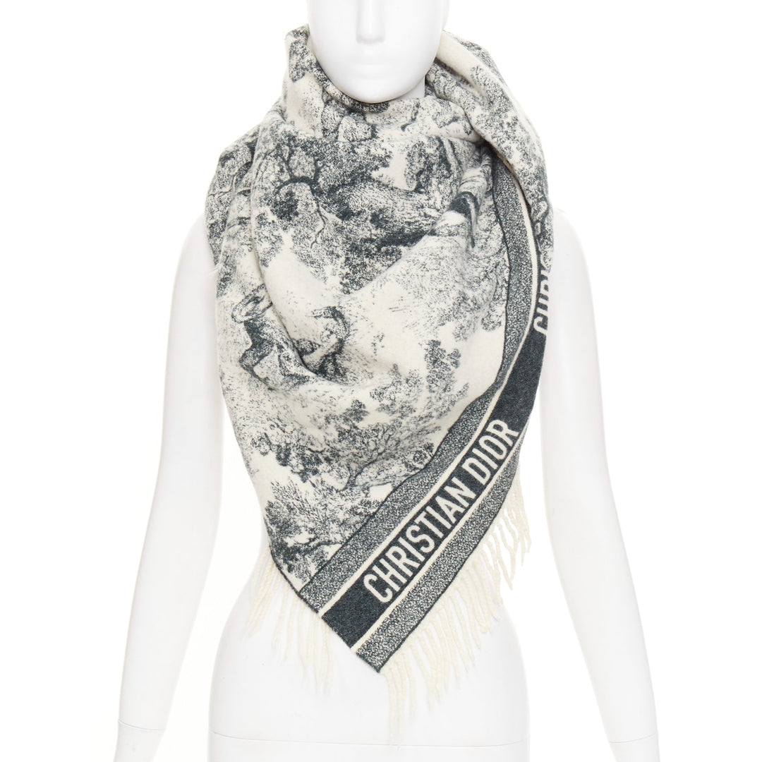 DIOR 2019 Toile De Jouy black cream wool large fringed blanket shawl throw