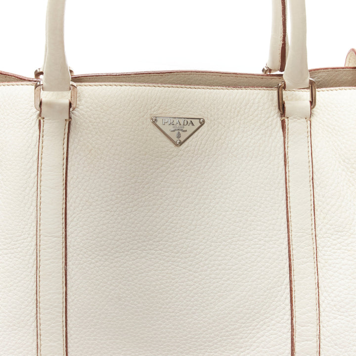 PRADA ivory white grained leather silver triangle logo buckle strap tote bag