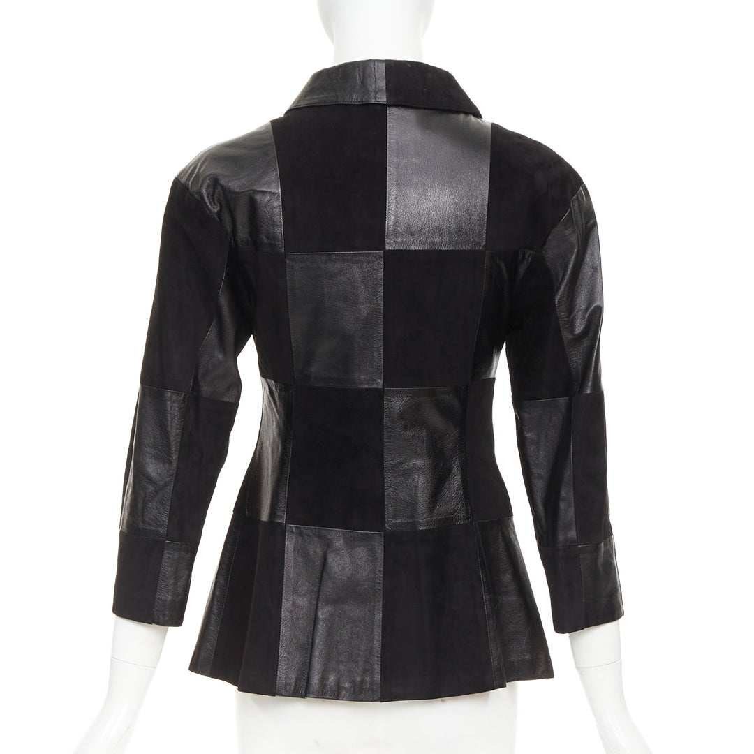 CHANEL Vintage black leather suede checkered patchwork CC blazer jacket