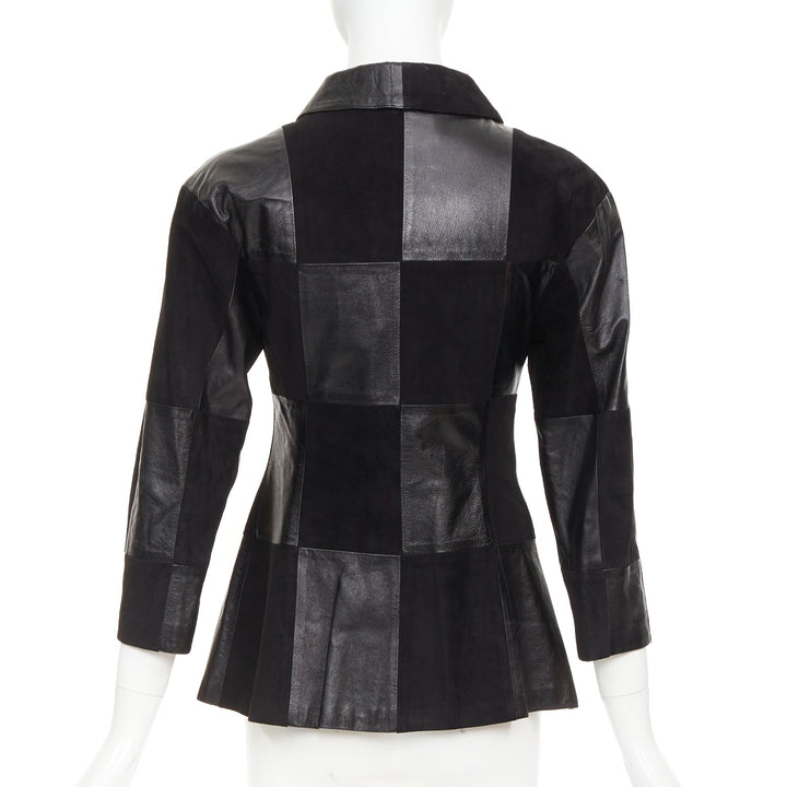 CHANEL Vintage black leather suede checkered patchwork CC blazer jacket