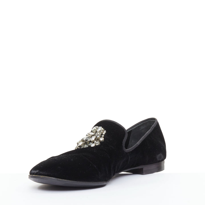 GIUSEPPE ZANOTT RemyeI black velvet crystal brooch le smoking loafers EU43