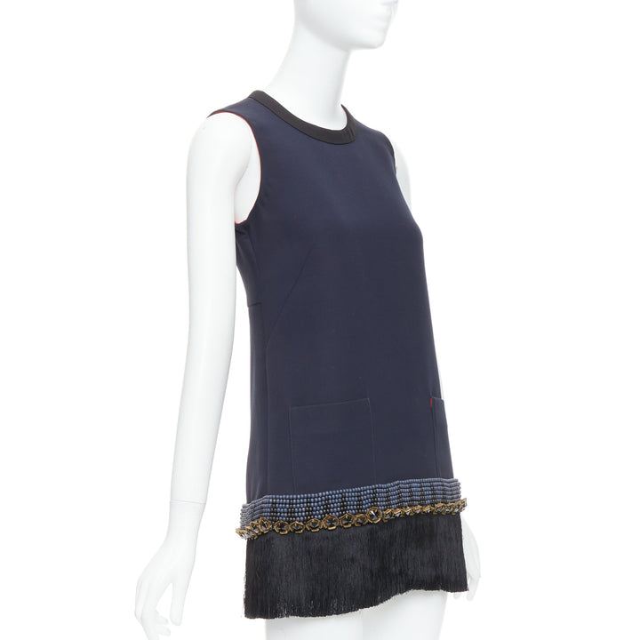 MARNI navy copper fringe bead embellished hem tunic dress IT38 XS