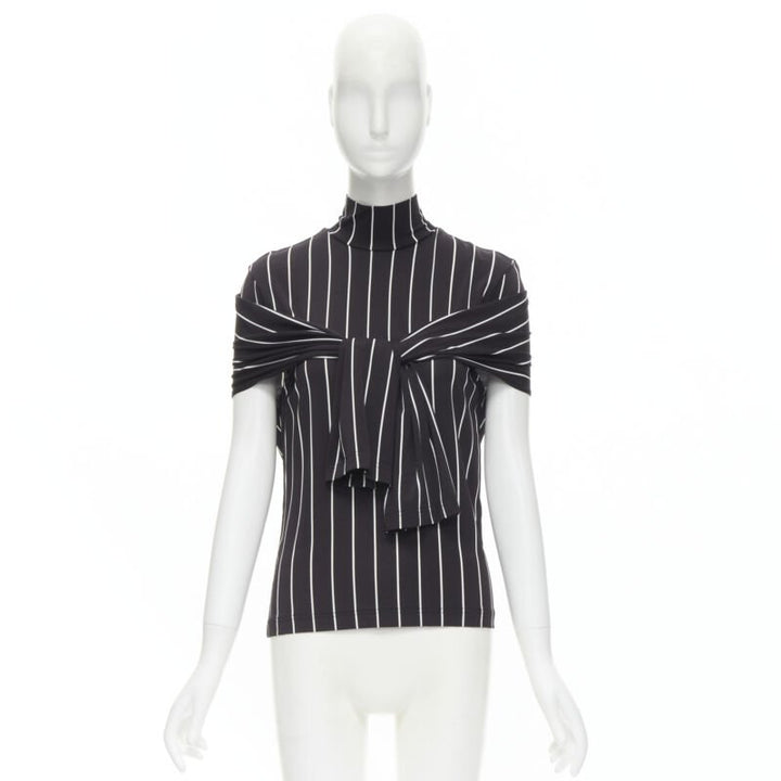 BALENCIAGA 2016 black white vertical stripe 2-way tie sleeve turtleneck top XS