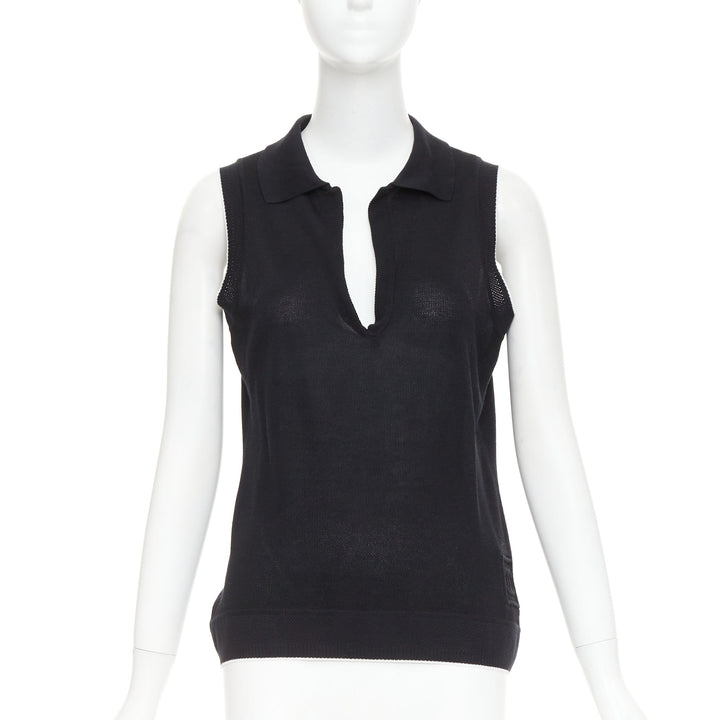 CHANEL 2001 Vintage black CC logo sleeveless white trim knit polo top FR40 L