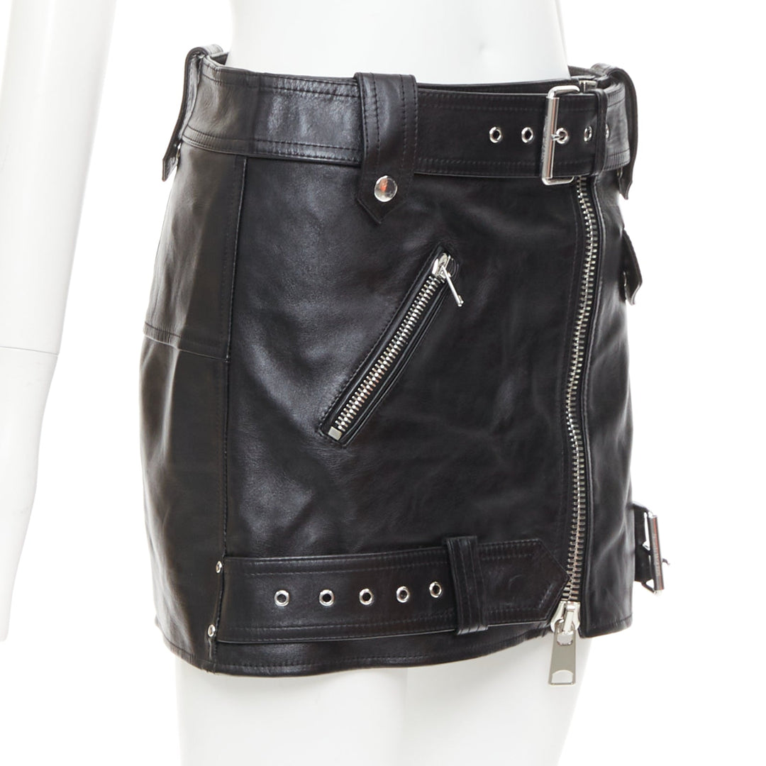 ALEXANDER MCQUEEN 2023 black cowhide leather silver biker zip skirt IT36 XXS