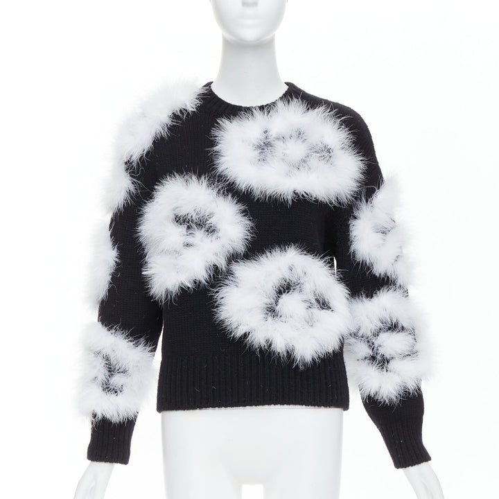 CHANEL 23A Runway white turkey feather black cashmere sweater FR38 M