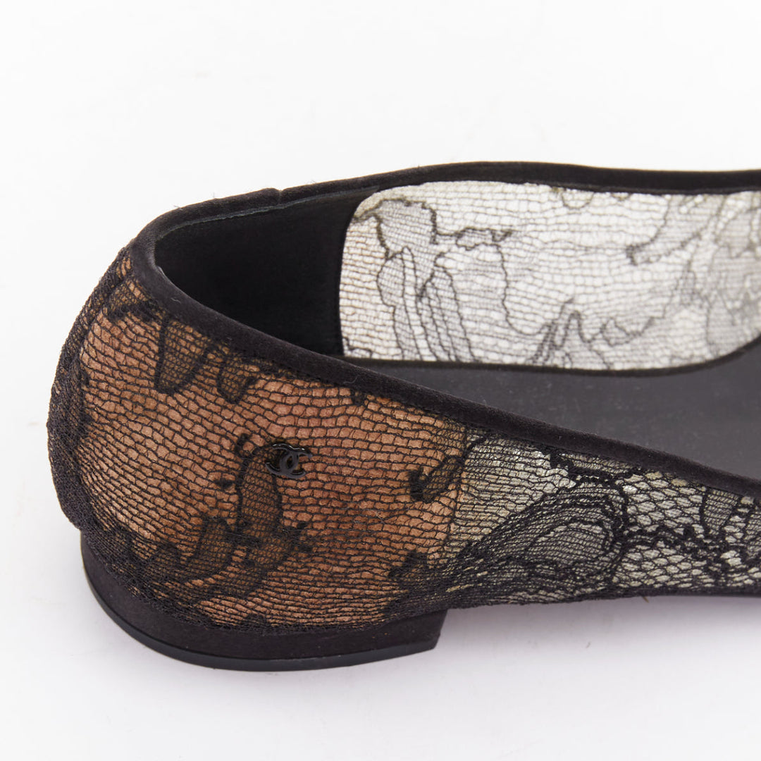 CHANEL black CC logo floral lace satin toe cap nude underlay ballet flats EU37